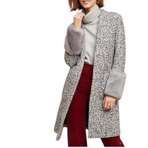 Anthropologie Speckled Gray Open-Front Coat with Faux Fur Cuffs